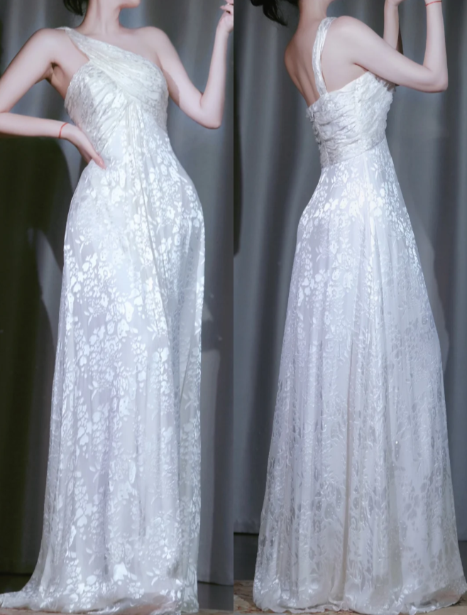 Chic One Shoulder Sheath White Long Prom Dresses Chiffon Sleeveless White Evening Dresses EP05127