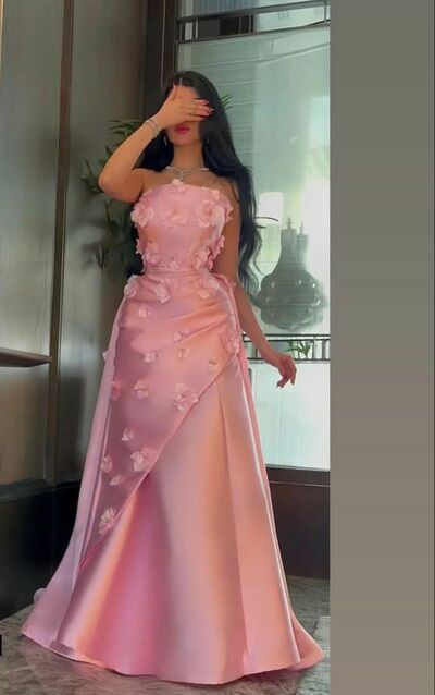 Chic Strapless A-Line Pink Long Prom Dresses Satin Sleeveless Pink Party Dresses EP05130