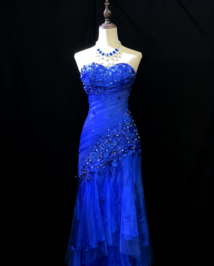 Elegant Sweetheart Neck Sheath Royal Blue Long Prom Dresses Tulle Beaded Sleeveless Royal Blue Evening Gowns EP05138