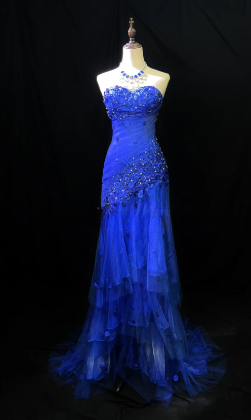 Elegant Sweetheart Neck Sheath Royal Blue Long Prom Dresses Tulle Beaded Sleeveless Royal Blue Evening Gowns EP05138