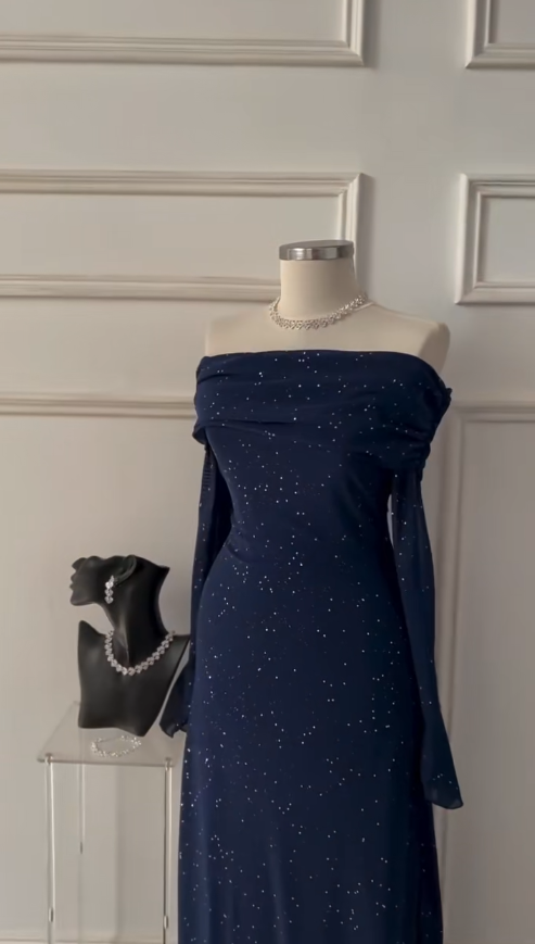 Elegant Off-the-shoulder Sheath Midnight Blue Long prom Dresses Chiffon Long Sleeve Midnight Blue Evening Gowns EP05139