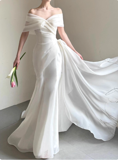 Simple Cap Neck Mermaid Long Wedding Dresses Tulle White Bridal Gowns Short SleeveBridal Dresses EP05147