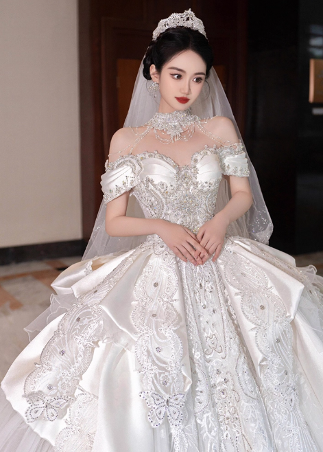 Princess Off-the-shoulder Ball Gown Long Wedding Dresses Lace Applique White Bridal Gowns Short Sleeve Bridal Dresses EP05148