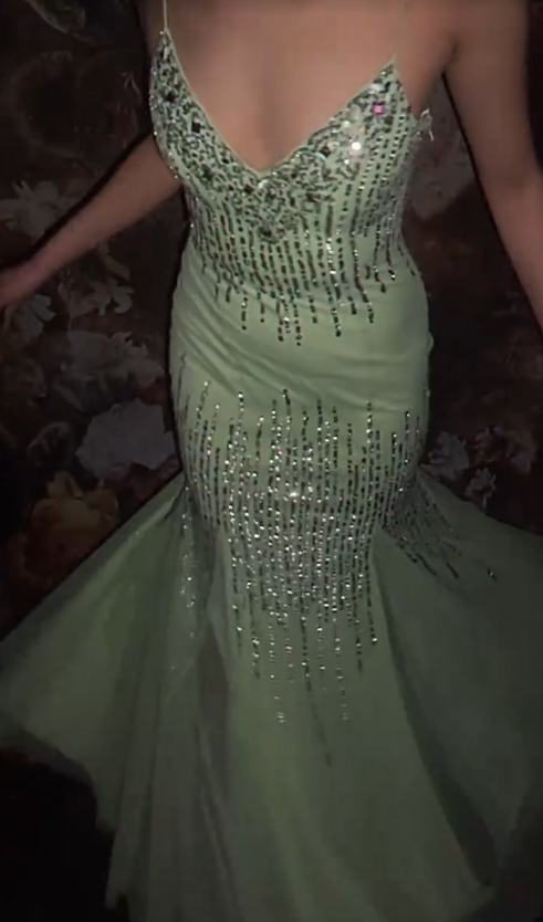 Elegant Spaghetti Straps Mermaid Long Prom Dresses Tulle Sequins Green Evening Dresses EP05390