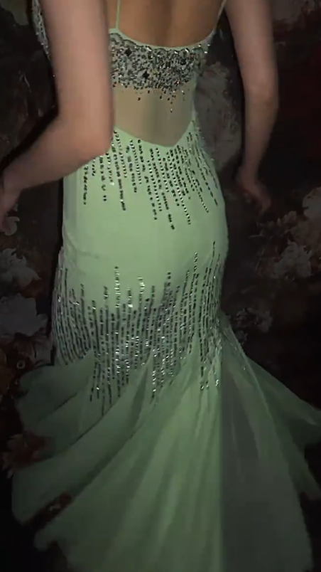 Elegant Spaghetti Straps Mermaid Long Prom Dresses Tulle Sequins Green Evening Dresses EP05390