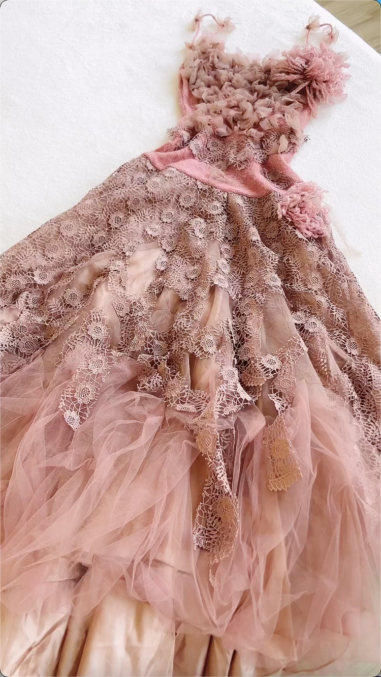 Vintage Spaghetti Straps A-Line Long Prom Dresses Applique Tulle Pink Evening Dresses EP05393