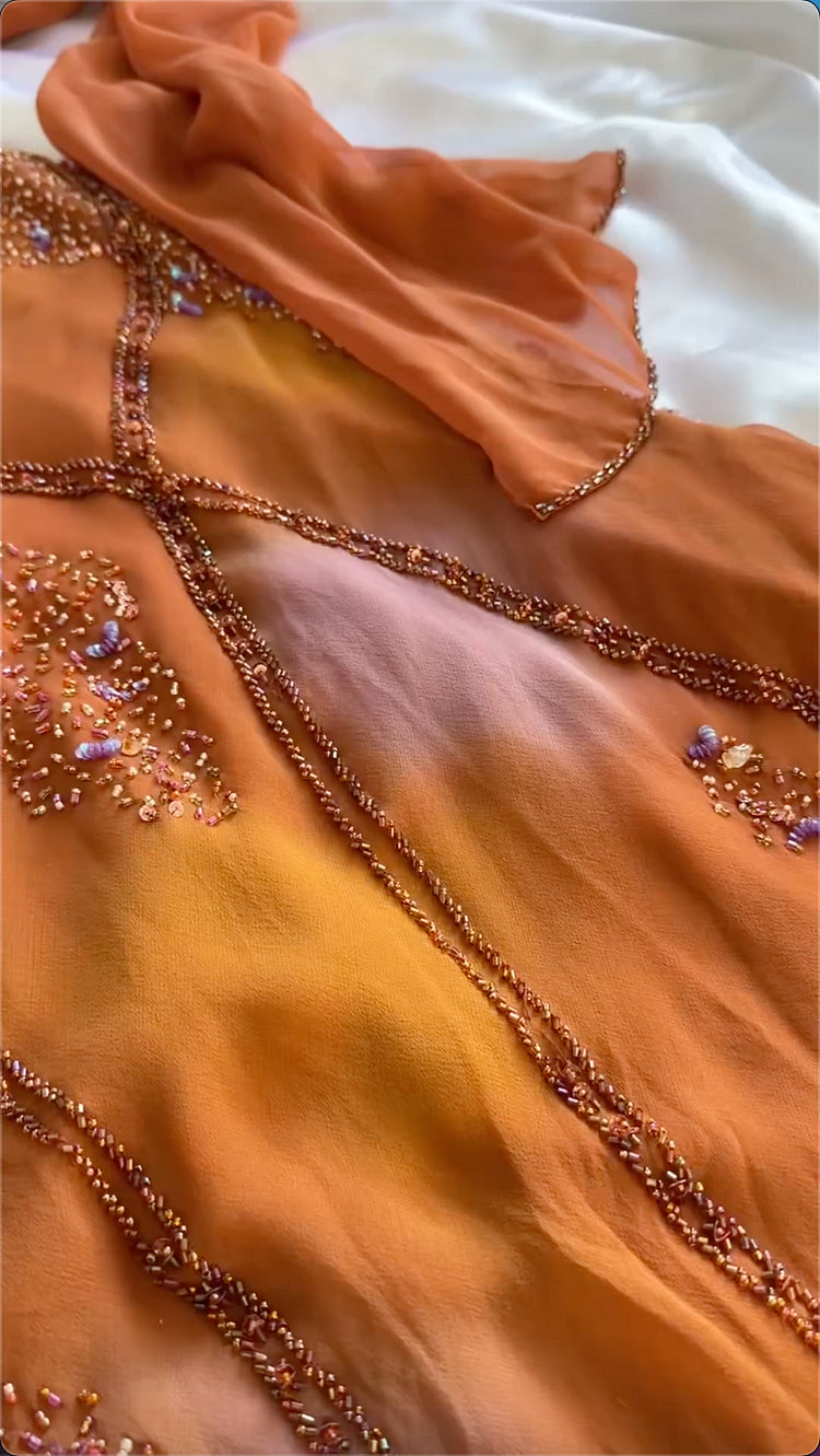 Vintage Spaghetti Straps Sheath Long Prom Dresses Beaded Chiffon Orange Evening Dresses EP05394