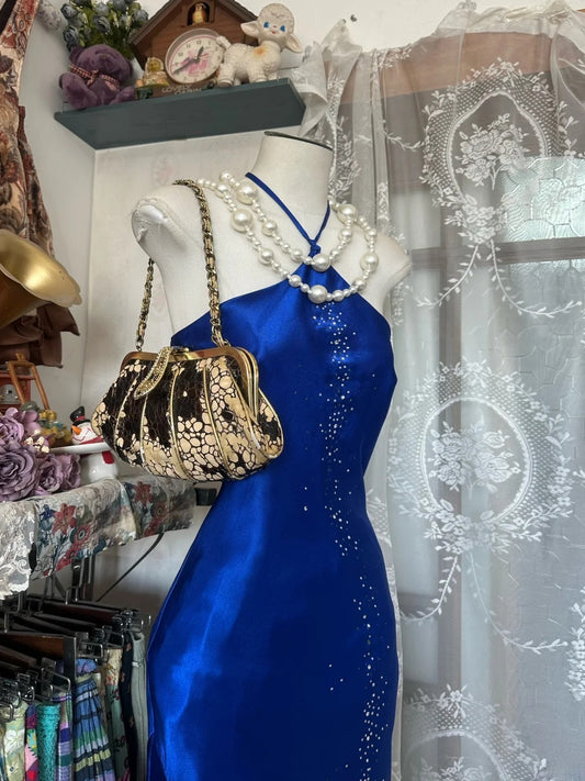 Elegant Halter Mermaid Long Prom Dresses Satin Royal Blue Evening Dresses with Open Back EP05561