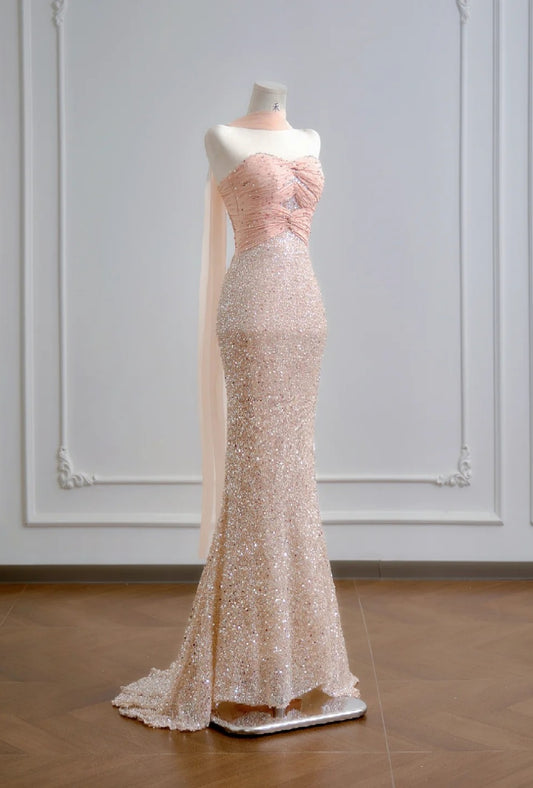 Cute Strapless Mermaid Long Prom Dresses Sequins Pink Evening Dresses Sleeveless Pink Birthday Dresses EP05658