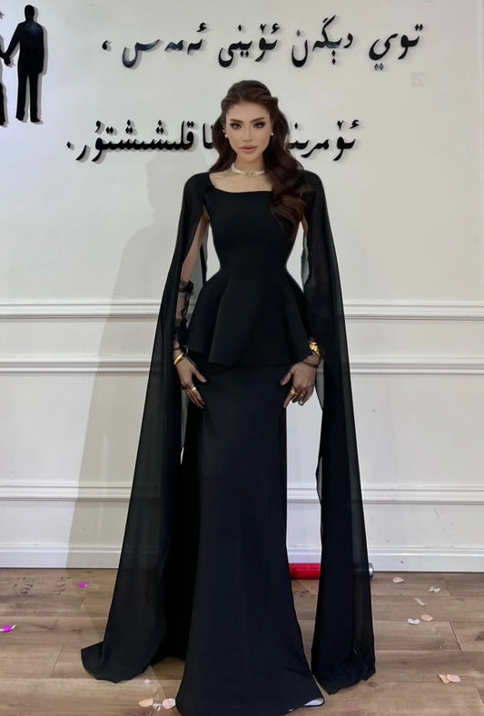 Elegant Square Neck Sheath Long Prom Dresses Satin Black Evening Dresses EP05660