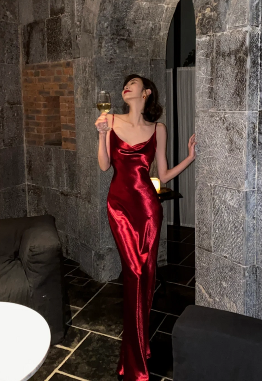 Sexy Spaghetti Straps Sheath Long Prom Dresses Satin Burgundy Bridesmaid Dresses EP05664