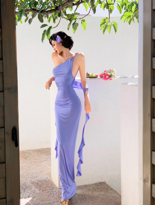 Simple One-shoulder Sheath Long Prom Dresses Satin Lavender Bridesmaid Dresses EP05665