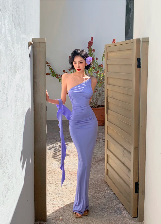 Simple One-shoulder Sheath Long Prom Dresses Satin Lavender Bridesmaid Dresses EP05665