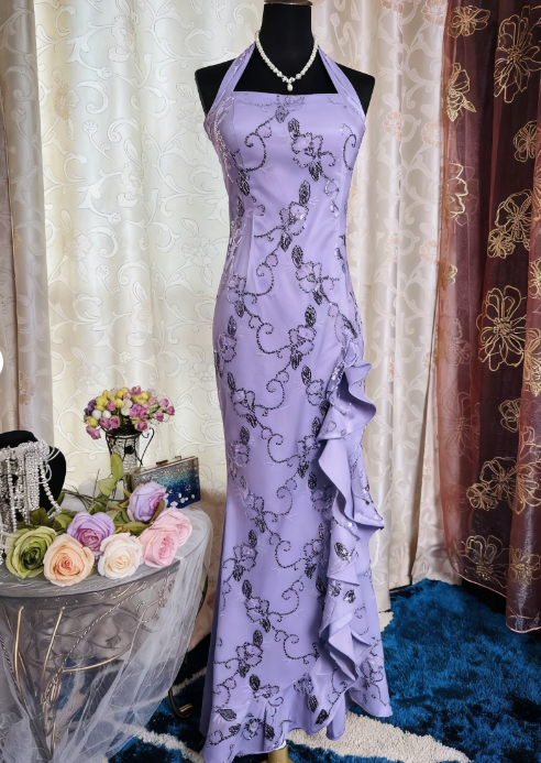 Chic Halter Sheath Long Prom Dresses Beaded Chiffon Lilac Evening Dresses Sleeveless Lilac Christmas Dresses EP05666