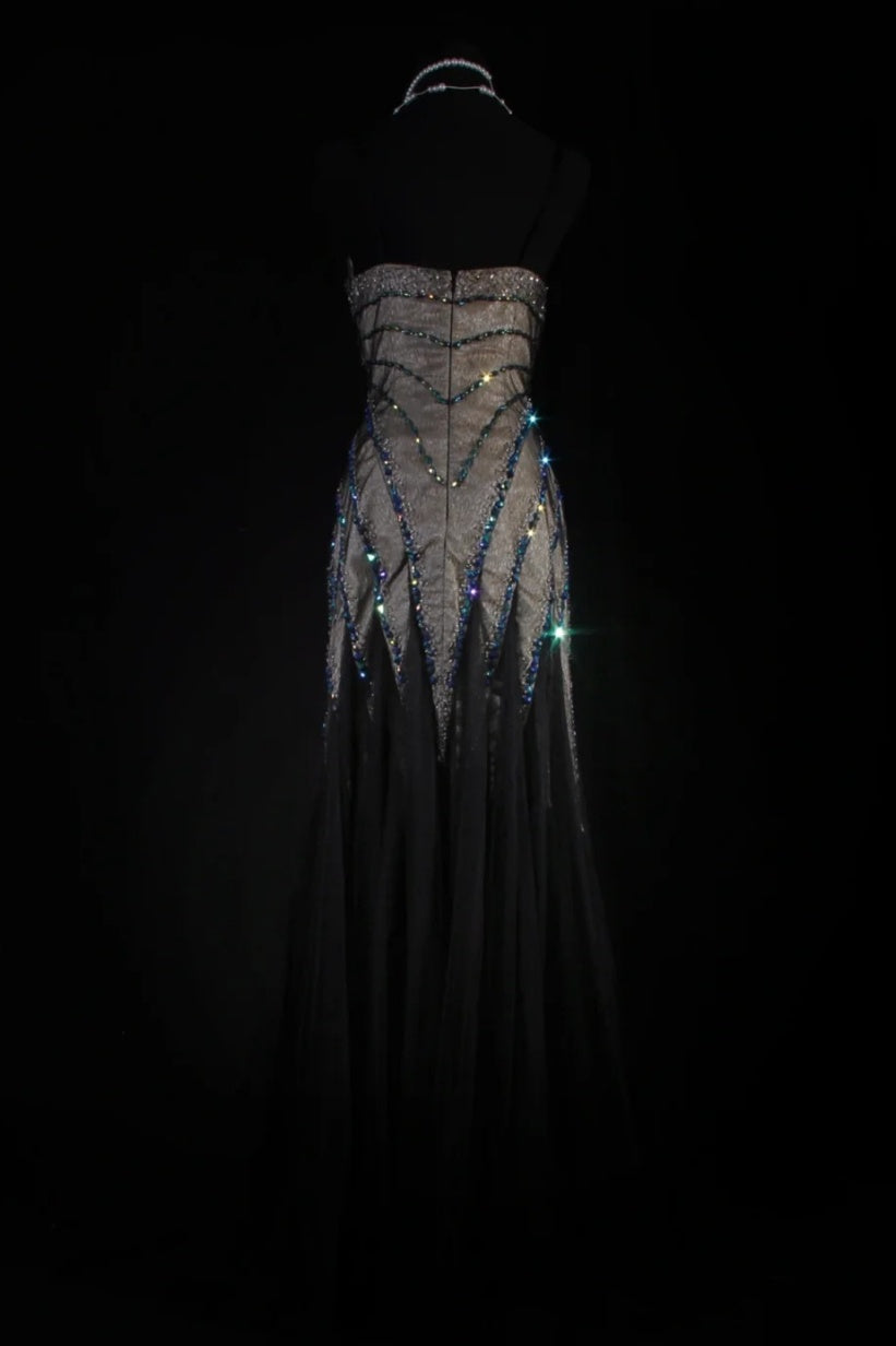 Gorgeous Strapless Sheath Long Prom Dresses Beaded Chiffon Brown Evening Dresses Sleeveless Brown Formal Dresses EP05668