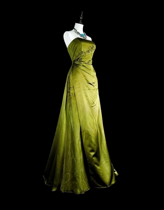 Vintage Strapless Sheath Long Prom Dresses Satin Olive Green Evening Dresses Sleeveless Olive Green Birthday Dresses EP05676