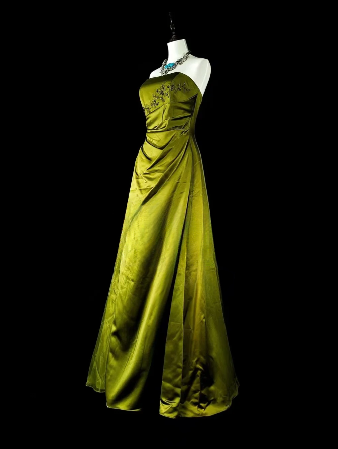 Vintage Strapless Sheath Long Prom Dresses Satin Olive Green Evening Dresses Sleeveless Olive Green Birthday Dresses EP05676