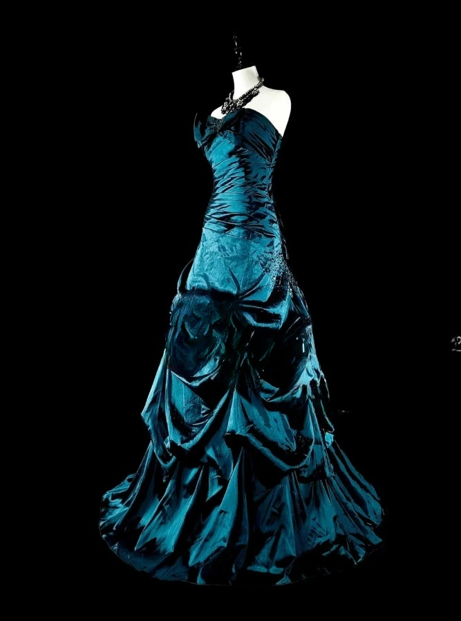 Fairy Strapless A-Line Long Prom Dresses Satin Teal Evening Dresses Sleeveless Teal Birthday Dresses EP05678