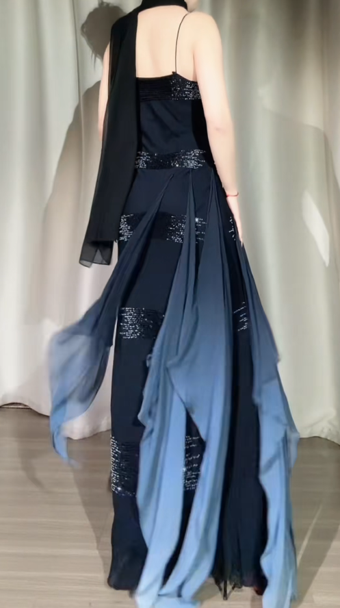 Glam Spaghetti Straps Sheath Long Prom Dresses Chiffon Sequins Black Evening Dresses Sleeveless Black Formal Dresses EP05681