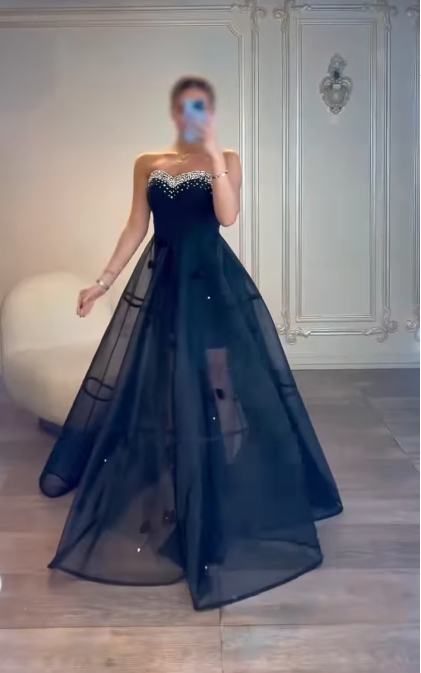 Glam Strapless A-Line Long Prom Dresses Tulle Navy Blue Evening Dresses Navy Blue Christmas Party Dresses EP05685