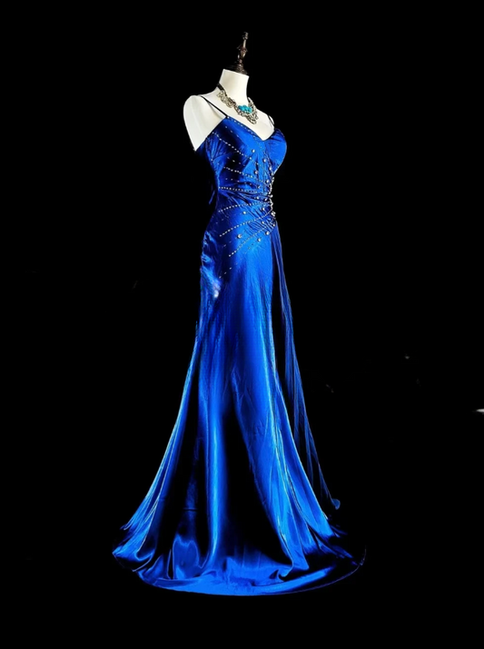 Gorgeous Spaghetti Straps Sheath Long Prom Dresses Sleeveless Blue Birthday Dresses Satin Blue Evening Dresses EP05692