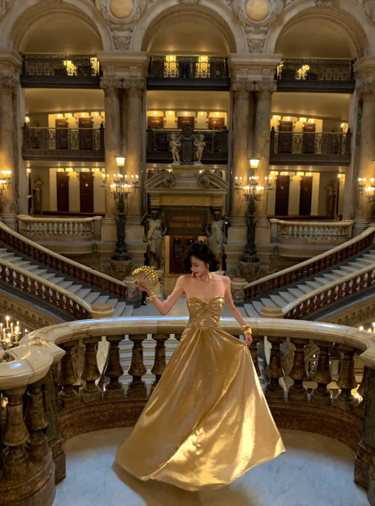 Sexy Strapless Sheath Long Prom Dresses Sleeveless Gold Party Dresses Satin Wedding Guest Dresses EP05696