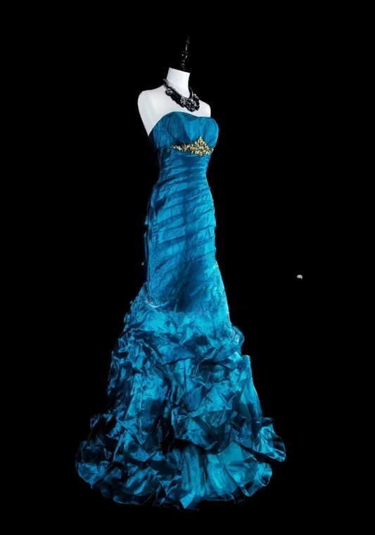 Sexy Strapless Sheath Long Prom Dresses Sleeveless Party Dresses Tulle Blue Evening Dresses EP05695