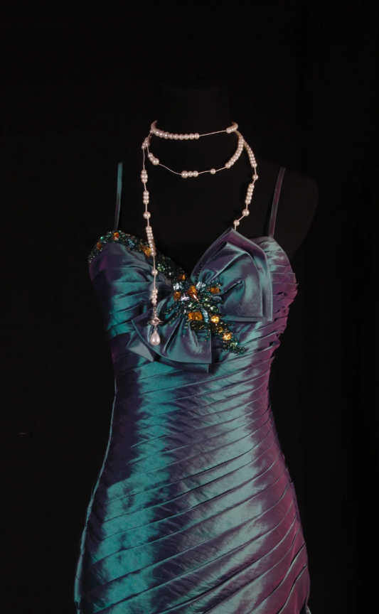 Fairy Spaghetti Straps Sheath Long Prom Dresses Satin Sleeveless Evening Dresses Green Birthday Dresses EP05703