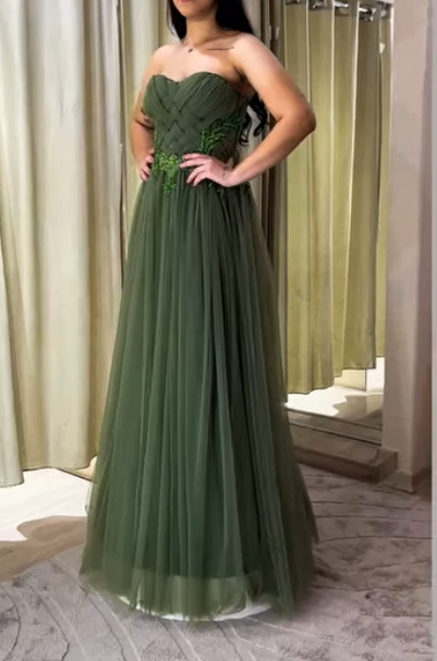Chic Green A-Line Long Prom Dresses Sweetheart Tulle Sleeveless Evening Dresses EP05741