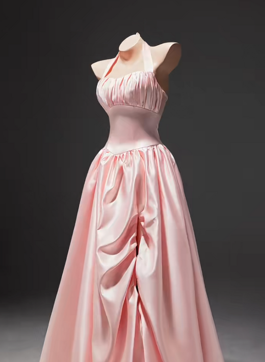 Fashion Pink A-Line Long Prom Dresses Satin Halter Party Dresses Sleeveless Evening Dresses EP06004