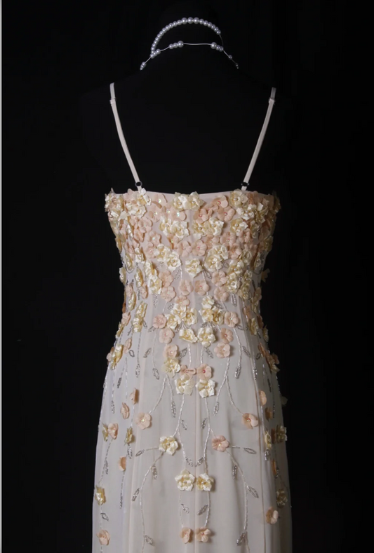 Vintage Sheath Long Prom Dresses Appliques Chiffon Spaghetti Straps Formal Dresses Sleeveless Evening Dresses EP06007