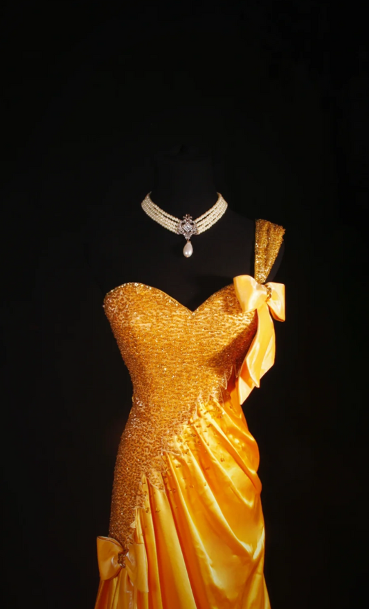 Gorgeous Yellow Sheath Long Prom Dresses Beaded Satin One-shoulder Formal Dresses Sleeveless Evening Dresses EP06008