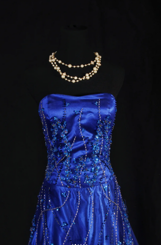 Gorgeous Blue A-Line Long Prom Dresses Satin Beaded Strapless Formal Dresses Sleeveless Evening Dresses EP06010