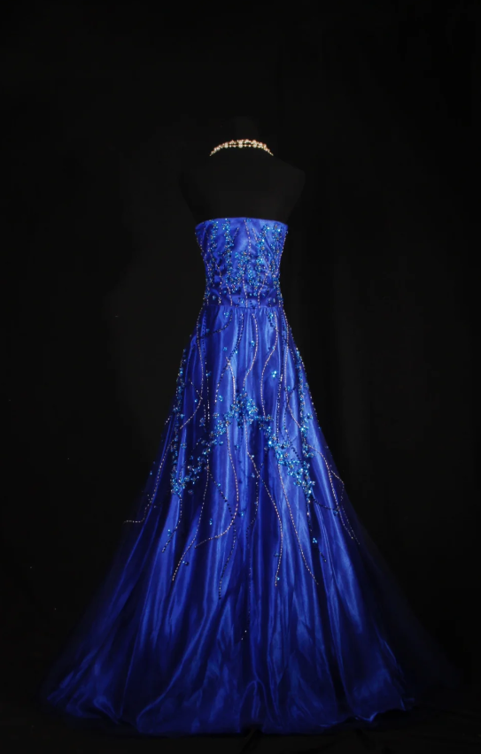 Gorgeous Blue A-Line Long Prom Dresses Satin Beaded Strapless Formal Dresses Sleeveless Evening Dresses EP06010