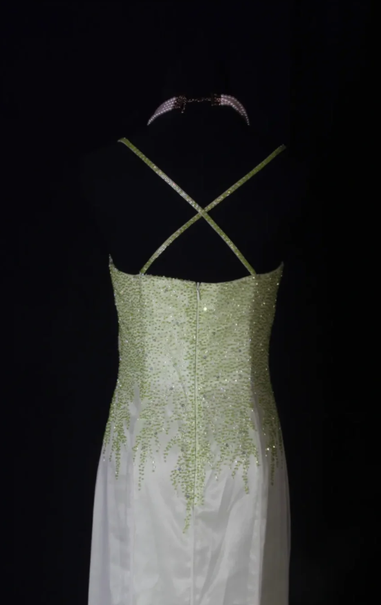 Chic Green Sheath Long Prom Dresses Satin Beaded Spaghetti Straps Formal Dresses Sleeveless Evening Dresses EP06017