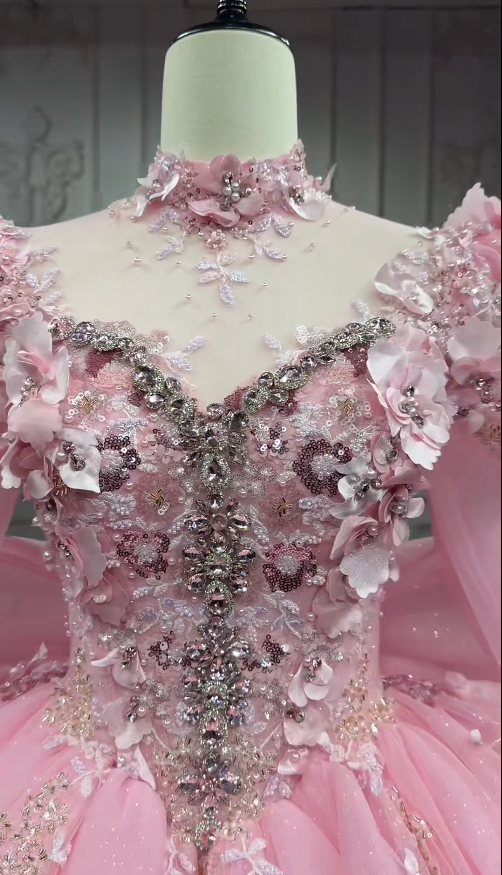 Cute Pink A-Line Long Prom Dresses Tulle Applique V-Neck Quinceanera Dresses Long Sleeves Sweet 16 Dresses EP06024