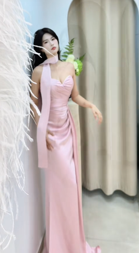 Elegant Pink Sheath Long Prom Dresses Satin Sweetheart Evening Dresses Sleeveless Bridesmaid Dresses EP06030