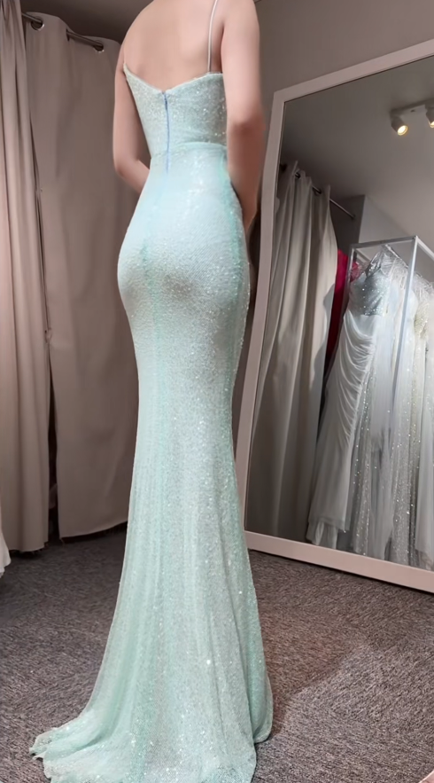 Elegant Green Sheath Long Prom Dresses Tulle Sapghetti Straps Evening Dresses Sleeveless Bridesmaid Dresses EP06031