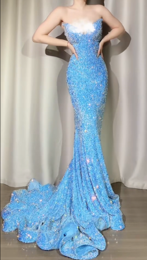 Sexy Blue Mermaid Long Prom Dresses Sequins Sweetheart Evening Dresses Sleeveless Formal Dresses EP06034