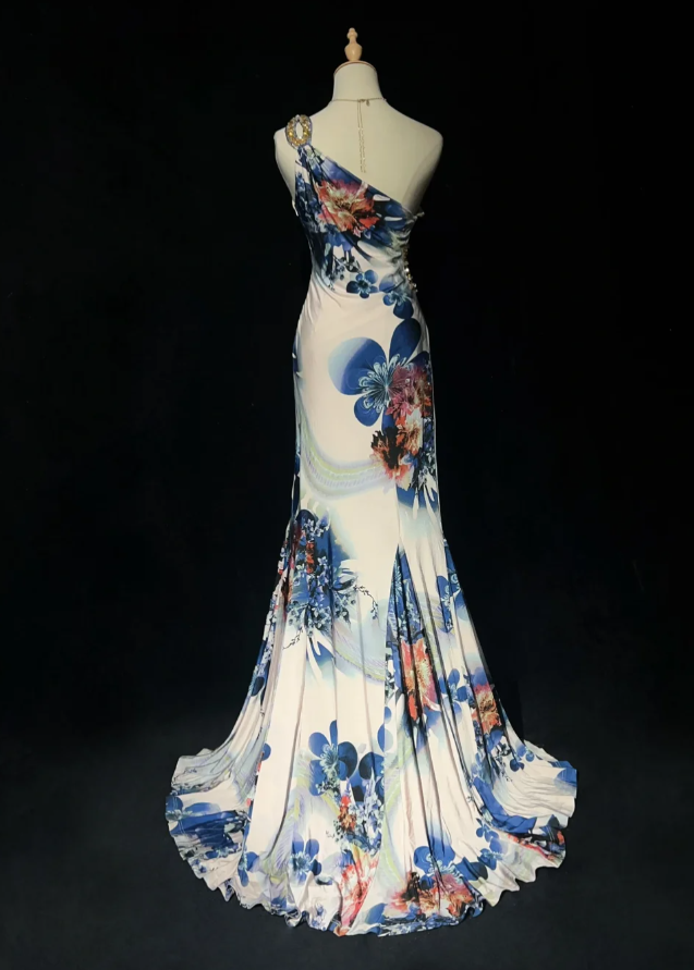 Sexy Sheath Long Prom Dresses Floral Chiffon One-shoulder Evening Dresses Sleeveless Party Dresses EP06040