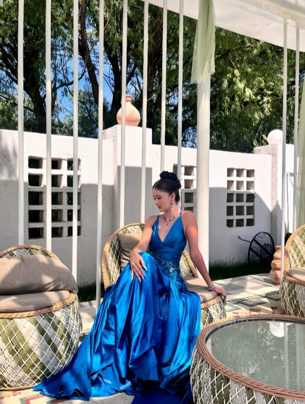 Chic Blue Long Prom Dresses Sheath V-Neck Birthday Dresses Silk Sleeveless Evening Dresses EP06043