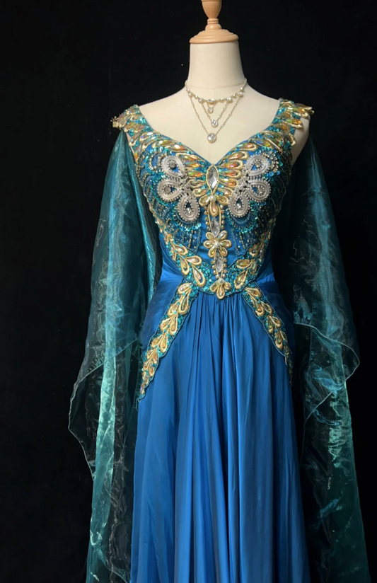 Chic Blue Long Prom Dresses Sheath Straps Birthday Dresses Beaded Satin Sleeveless Evening Dresses EP06044