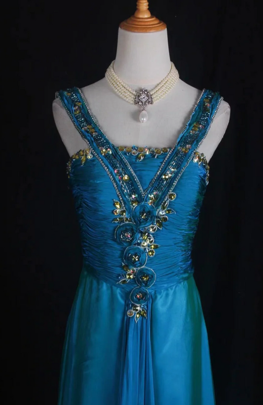 Chic Blue Long Prom Dresses Sheath V-neck Birthday Dresses Beaded Satin Sleeveless Evening Dress EP06046