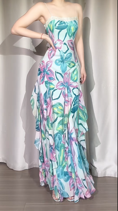 Chic Floral Long Prom Dresses Sheath Spaghetti Straps Birthday Dresses Chiffon Sleeveless Evening Dresses EP06049