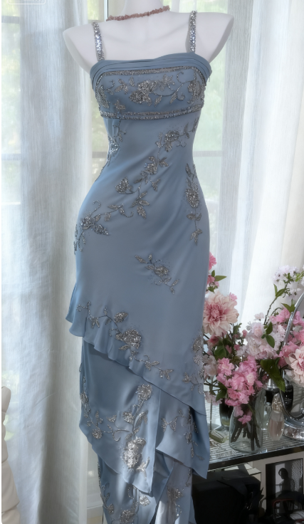 Chic Soft Green Long Prom Dresses Sheath Spaghetti Straps Birthday Dresses Beaded Chiffon Sleeveless Evening Dresses EP06060