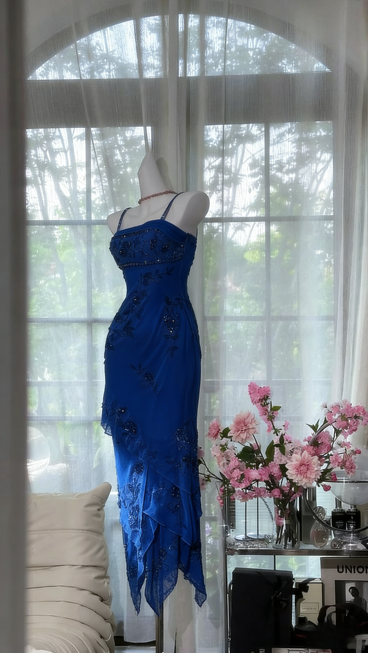 Chic Yellow Long Prom Dresses Sheath Spaghetti Straps Birthday Dresses Chiffon Beaded Sleeveless Evening Dresses EP06063