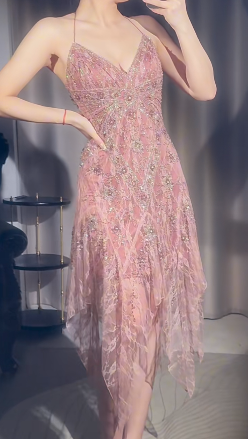 Fairy Pink Short Prom Dresses Sheath Sapghetti Straps Birthday Dresses Lace Beaded Sleeveless Evening Dresses EP06065