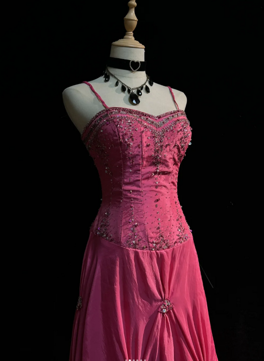 Fairy Hot Pink Long Prom Dresses Sheath Sapghetti Straps Birthday Dresses Beaded Satin Sleeveless Evening Dresses EP06067