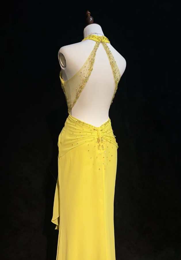 Fairy Yellow Long Prom Dresses Sheath V-neck Birthday Dresses Beaded Chiffon Sleeveless Evening Dresses EP06068