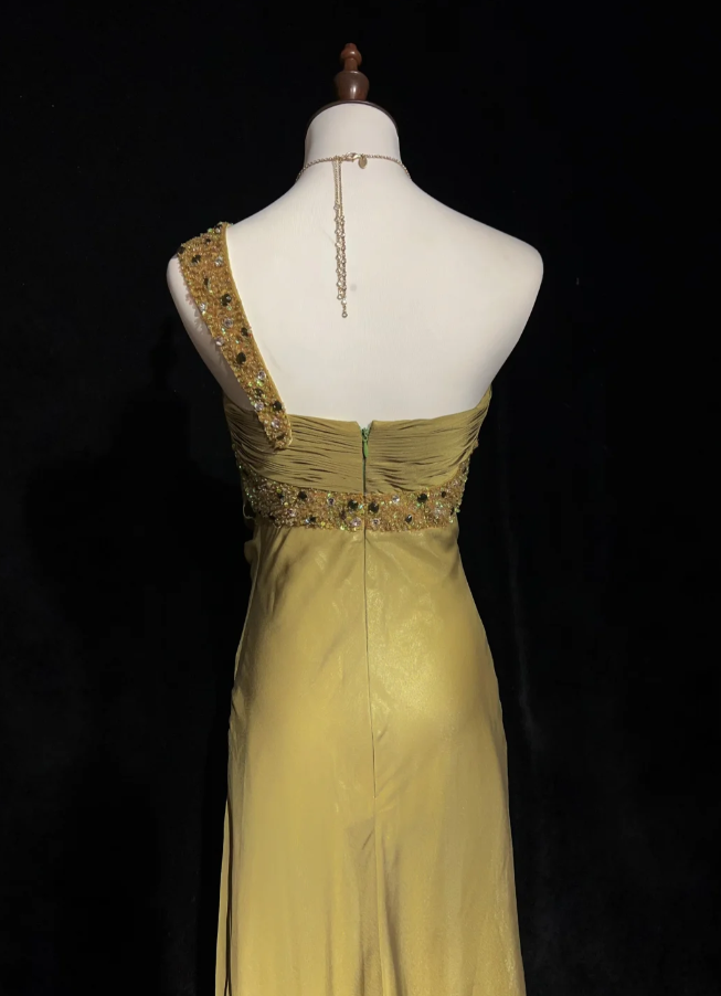 Fairy Olive Green Long Prom Dresses One-shouder Sheath Evening Dresses Silk Sleeveless Wedding Guest Dresses EP06069